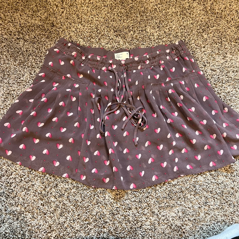 American Eagle Outfitters Brown Skirt with Pink and White Hearts